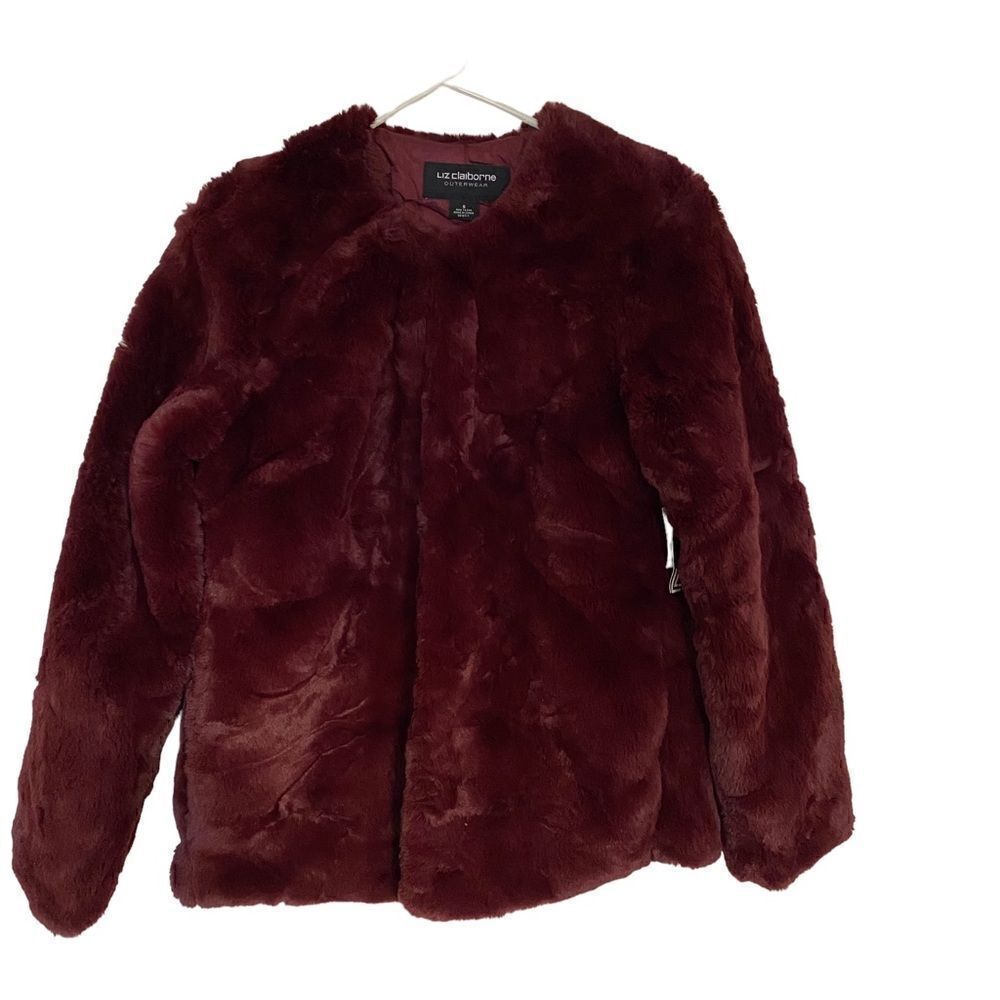 Liz Claiborne Collection NEW wine-red faux fur coat size SMALL pockets